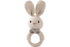 BOPOOBO Handmade Crochet Easter Bunny Wooden Baby Rattle Toy for 0-6 Months - Organic Stuffed Animal for Newborn