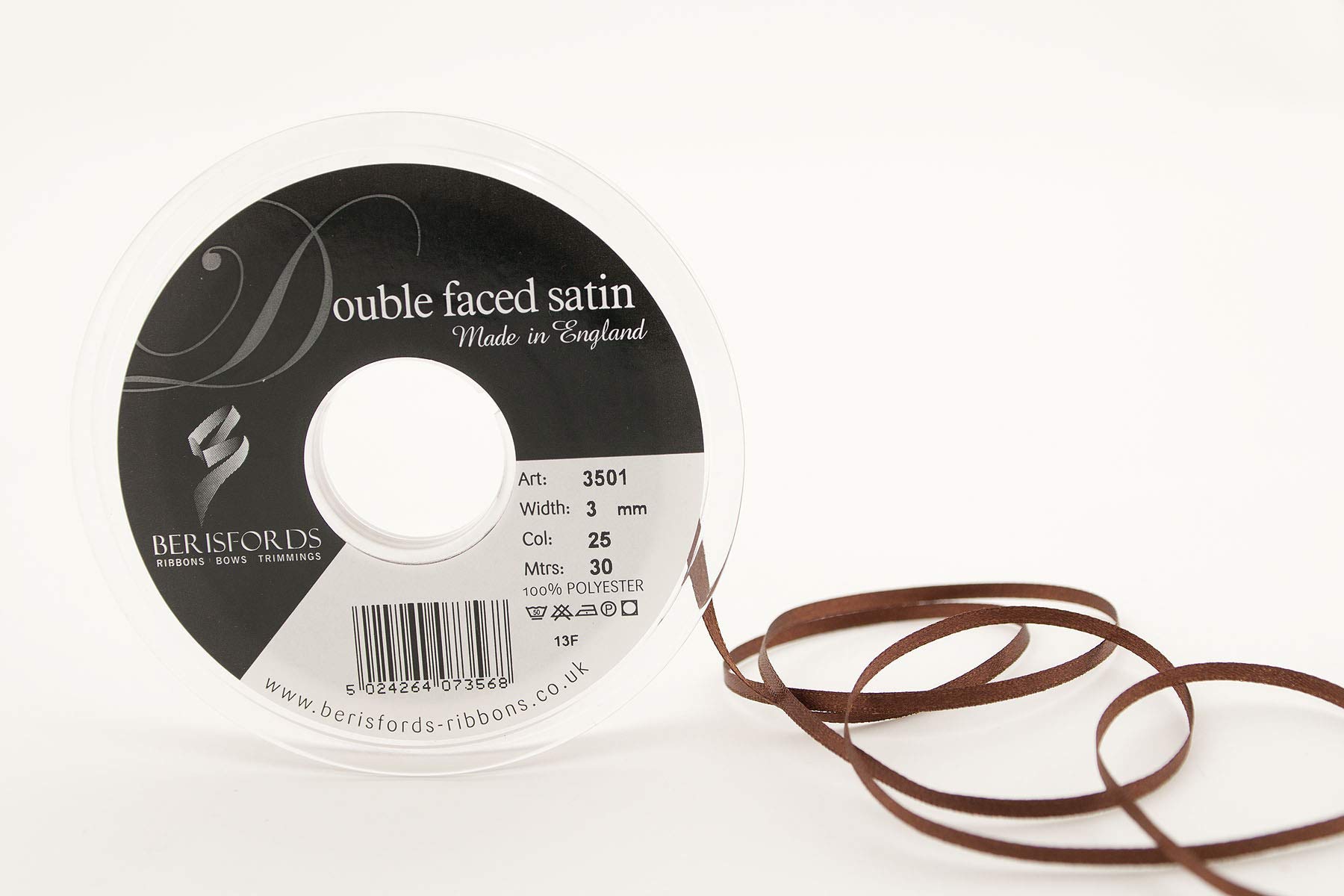 Berisfords Ribbon, Dark Brown, 3 mm x 30 m — image 1