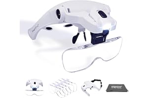 MagniPros LED Illuminated Headband Magnifier Visor | 2 Powerful LED Lights | 5 Detachable Lenses 1X, 1.5X, 2X, 2.5X 3.5X - Hands-Free Lighted Magnifying Glasses for Crafts, Hobbies, Cross Stitch