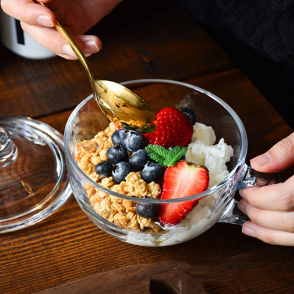 ITODA 550ml Microwavable Glass Cup with Lid, Large Coffee Mugs Home Breakfast Oatmeal Cup Salad Cups Tempered Glass Wide Mouth Mugs with Handle for Soup, Coffee, Latte, Cereal, Ice Cream
