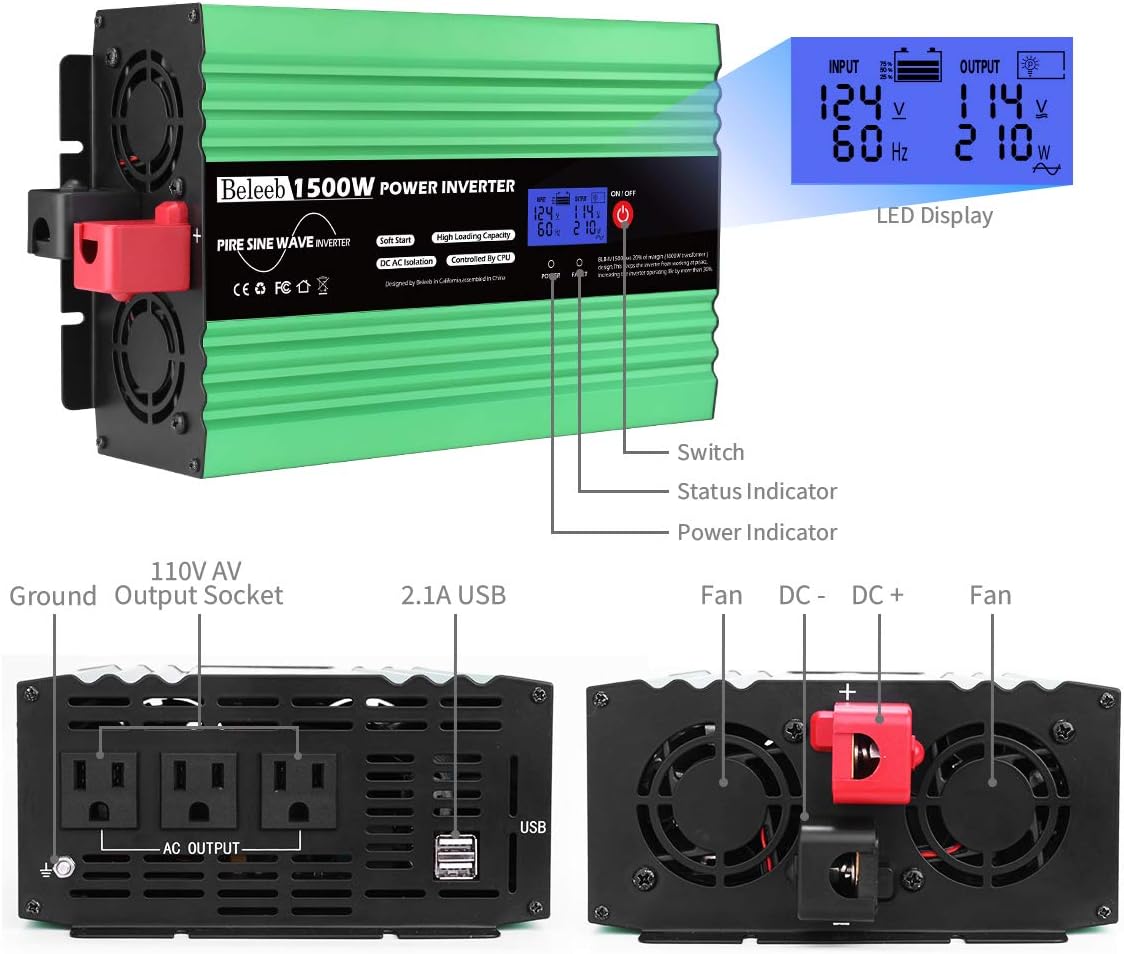 Beleeb Pure Sine Wave Inverter 1500Watt DC 12V to AC 110V 120V with LCD Display,3 AC Outlets and 2 USB Ports,Solar Power Inverter,for Home RV Trucks Boats and Emergency: Car Electronics