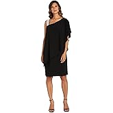 R&M Richards Women's Knee-Length One-Shoulder Dress W/Rhinestone Strap & Asymmetric Draped Overlay