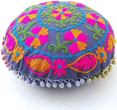 Vintage Suzani Cushion Cover Indian Throw Handmade Cotton Pillow Case Hand Embroidery Round Colorful Decorative Floor Pillow Cover Meditation Cushion Seating Bohemian Boho