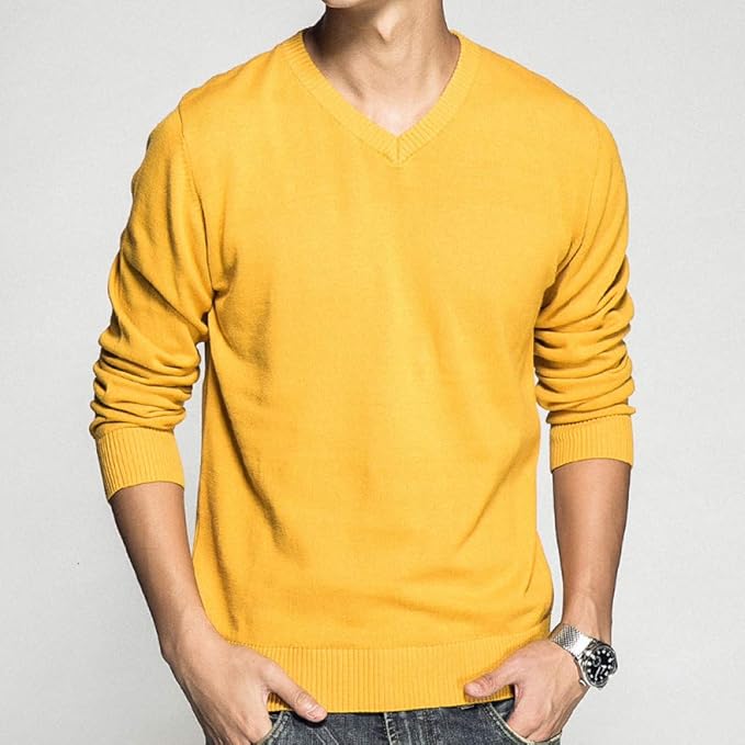 Men's Jumpers Sweater Hoodies,Yellow Cotton Pullover Sweater Men VNeck Solid Sweater Autumn and