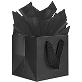 KEYYOOMY Black Square Gift Bags with Handles Gift Bags Medium Size with Tissue Paper Party Favor Bag for Birthday Weeding (10 CT, 8x8x8 Inch, Black)