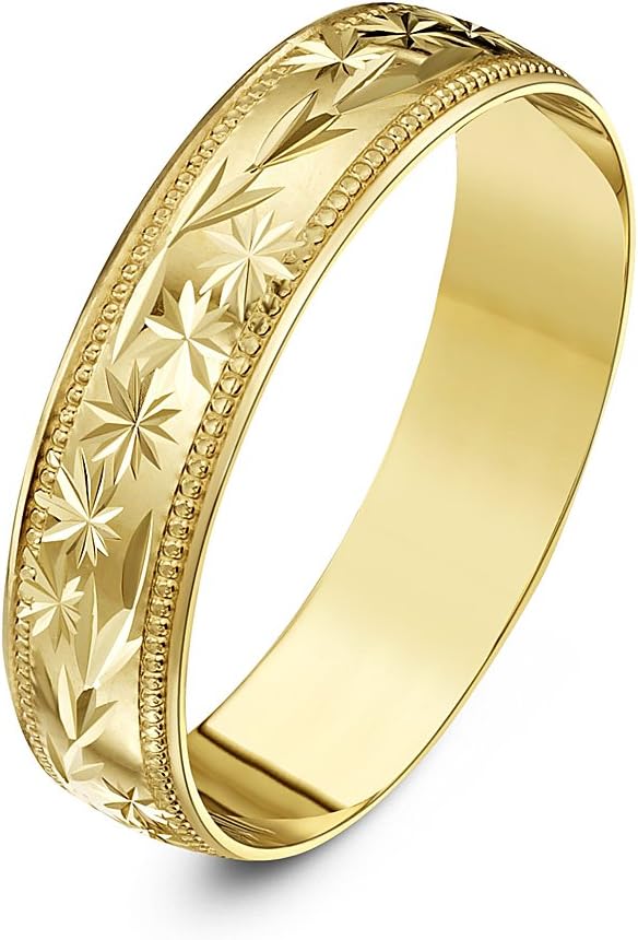 Theia Heavy Weight 5 mm D Shape with Centre Stars, Leaves Design and Millgrain Edges 9 ct Gold Wedding Ring
