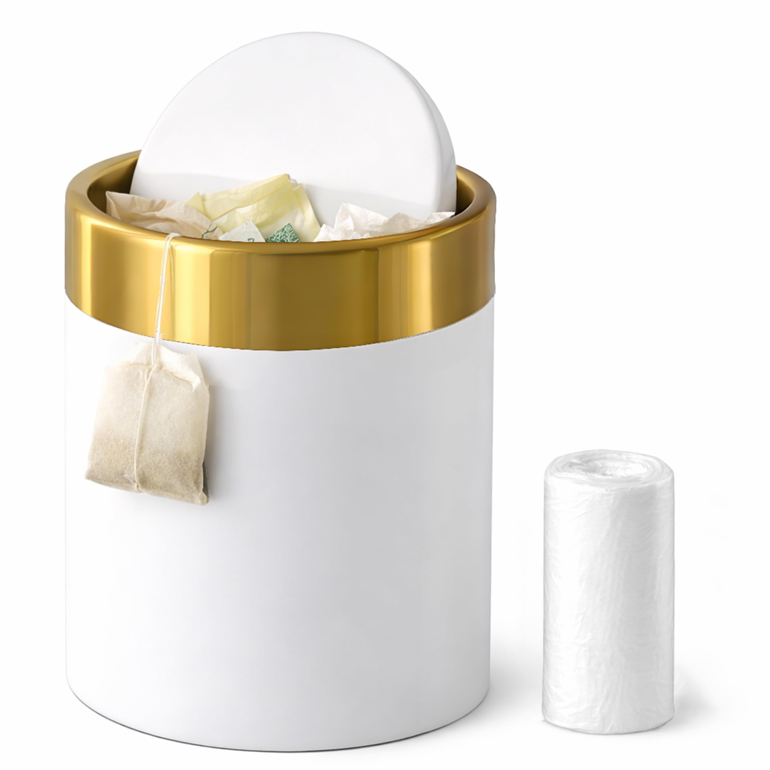 Kingchilla Metal Desk Bin with Lid – Small Desktop Trash Can for Office & Home, Fingerprint-Resistant Swing Lid Bathroom & Vanity Bin, 1.5L (White)