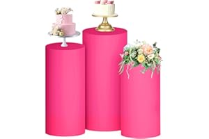 FUHSY Hot Pink Spandex Cylinder Cover Set of 3 Pedestal Cylinder Stand Covers Spandex Plinth Stand Pillar Cover Elastic Pedestal Covers for Cake Dessert Metal Stands Wedding Baby Shower Prom Decor