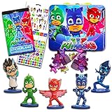  PJ Masks Figures Toys Super Set -- 5 Collectible Figures, Lunch Box Tin and Stickers (PJ Masks Party Supplies)
