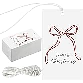 Fuyoooo 100 Pcs Christmas Presents Tags Red Color Bow Design Christmas Tags Xmas Bow Gift Labels with String for Presents Wrapping Paper Labels for Xmas Party Treat Cookie Decor