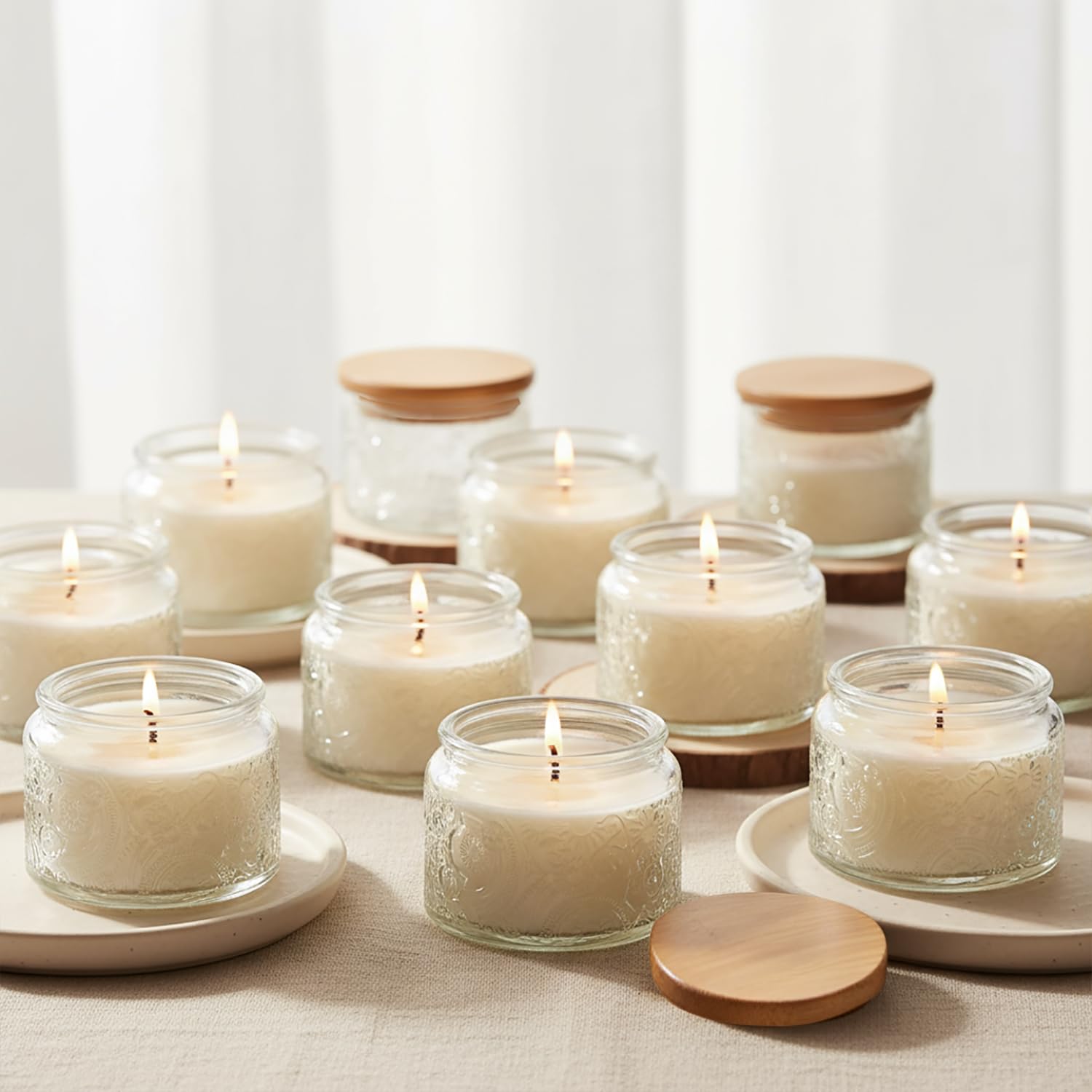 Photo 1 of 18-Pack 4oz Embossed Glass Candle Container with Bamboo Lids and Labels, Clear Candle Jars for Making Candles, Sun Moon Star Design