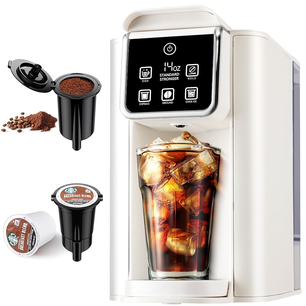 Photo 1 of KIDISLE Hot & Iced Coffee Maker with Bold Setting, Single Serve Coffee Maker for K Cup and Grounds, 6-14 Oz Brew Sizes, 50 Oz Removable Water Tank, One Cup Coffee Machine with Reusable Filter, White