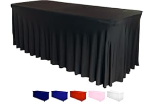 DESTINATION Table Skirt for Rectangular Tables 6ft - Spandex Table Covers for Standard 6 Foot Table - One Piece Fitted Elastic Tablecloth - Wrinkle Resistant Ruffles Design for Weddings, Party, Events (Black)