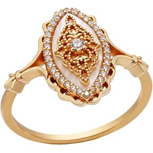 ASIJUNTYECHO Lace Inlaid Vintage Gold Rings, Champagne Tone Split Shank Antique Women Finger Rings Size 7 9 10