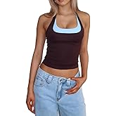 Chicyoo Women's Halter Neck Sexy Top Y2K Color Block Cropped Tank Workout Going Out Sleeveless Backless Summer Camisole