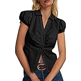 Cicy Bell Womens Short Puff Sleeve Button Down Shirts Summer V Neck Ruched Cotton Tops Casual Dressy Slim Fit Blouses