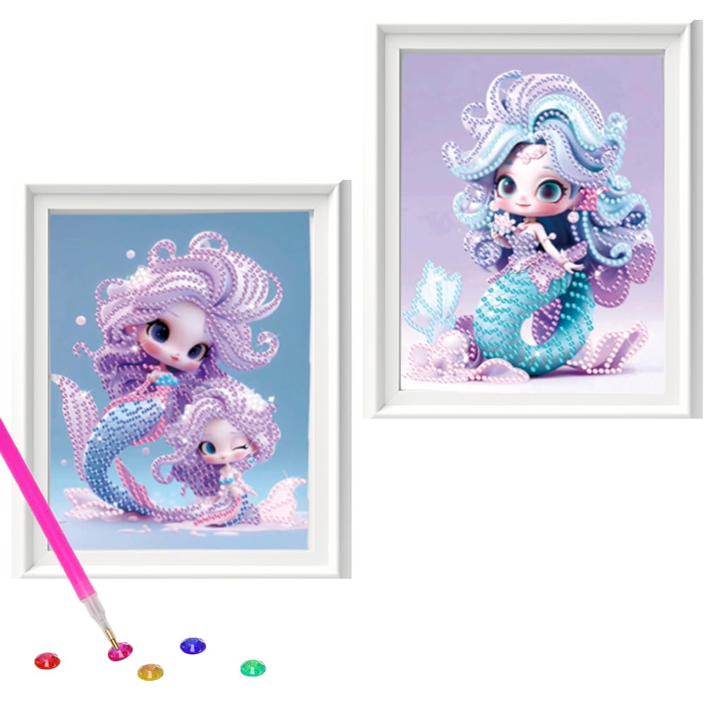 2 Set 5D Diamond Art Painting Kits with Picture Frame, BOSOIRSOU 20x17cm Mermaid Diamond Art Painting Kits Full Drill Diamond Dots Paintings for Adult Kids Beginner Home Wall Decor