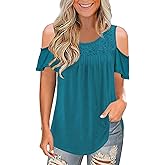 Womens Summer Cold Shoulder Tunic Tops Sexy Casual Short Sleeve Scoop Neck Lace Pleated T Shirts Blouse
