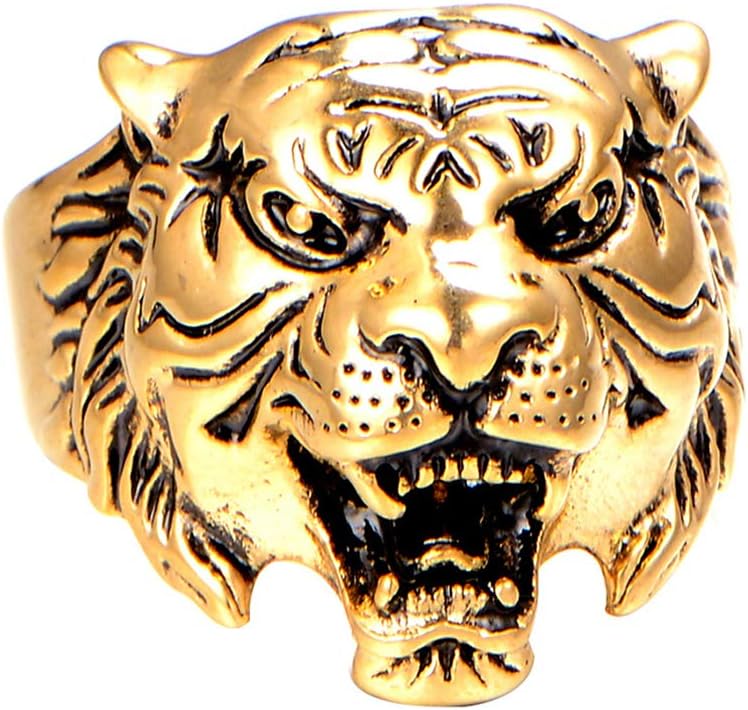 PAMTIER Men's Stainless Steel Vintage Gothic Biker Tiger Head Ring Band Animal