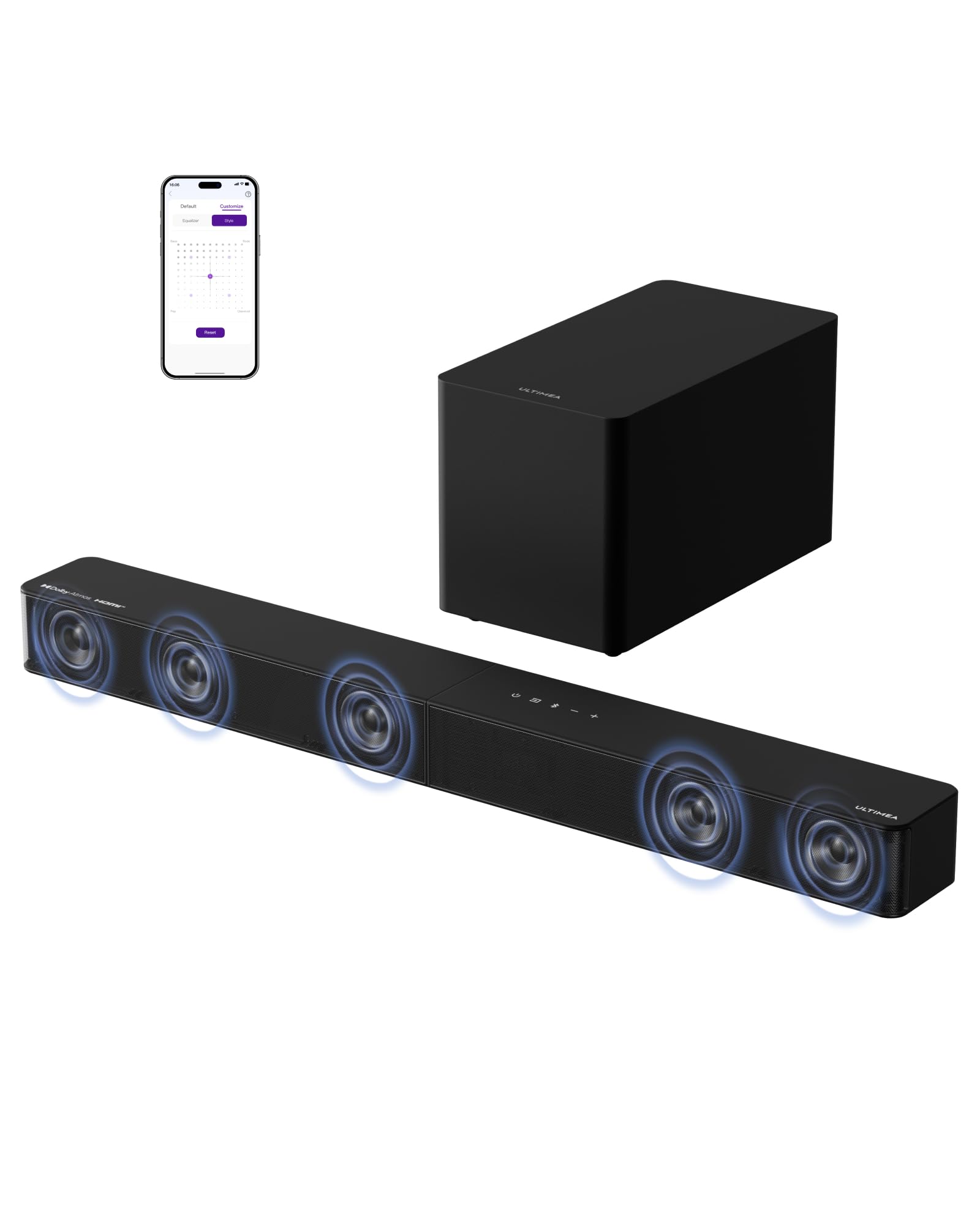 ULTIMEA 5.1ch Soundbar mit Dolby Atmos, VoiceMX, BassMX, APP, Heimkino 4D Surround Sound System, 340W Soundbar für TV Geräte mit Subwoofer, Bluetooth 5.4, Poseidon M60 Boom, Modell 2025