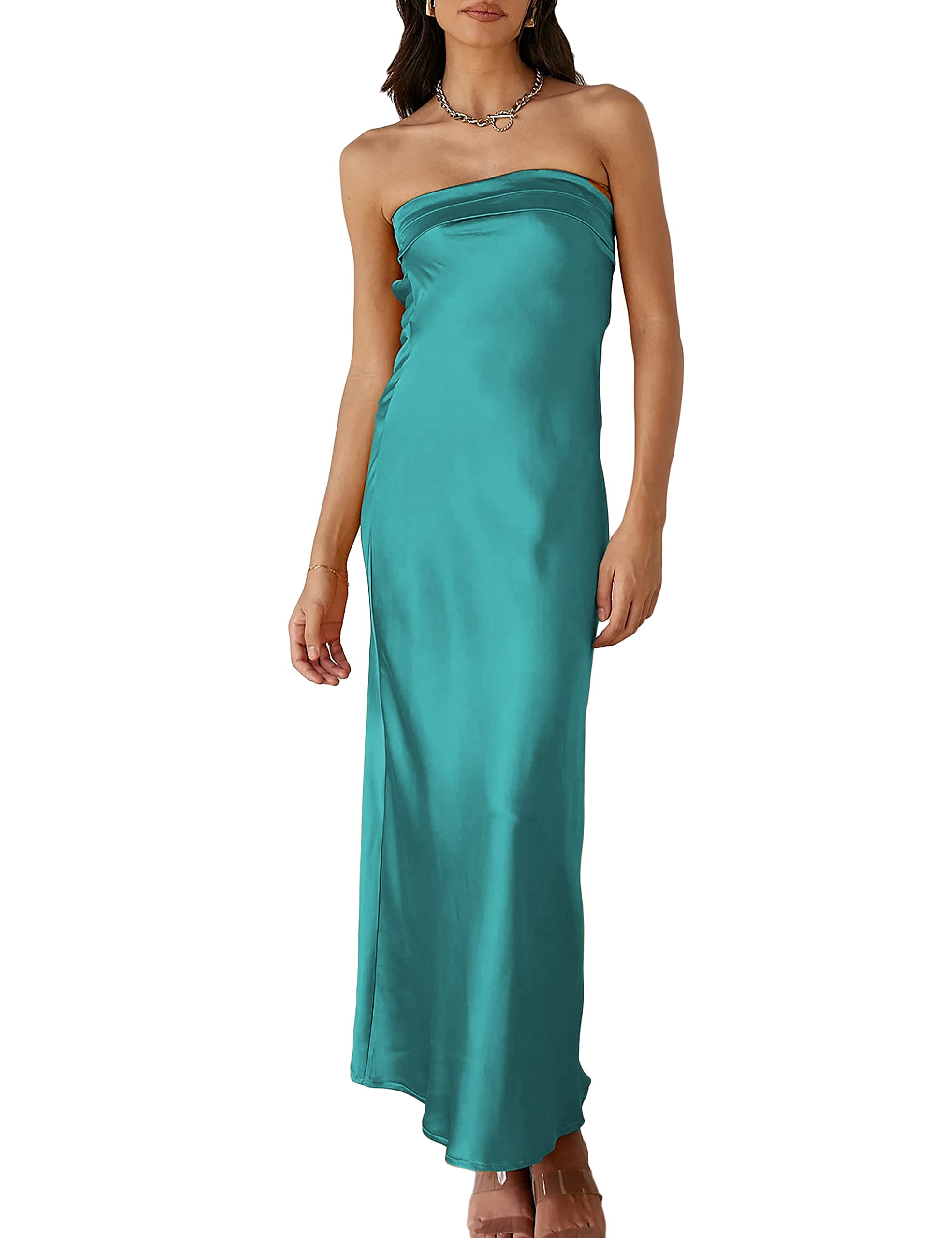 Realtix Satin Silk Backless Tube Tops Maxi Dress