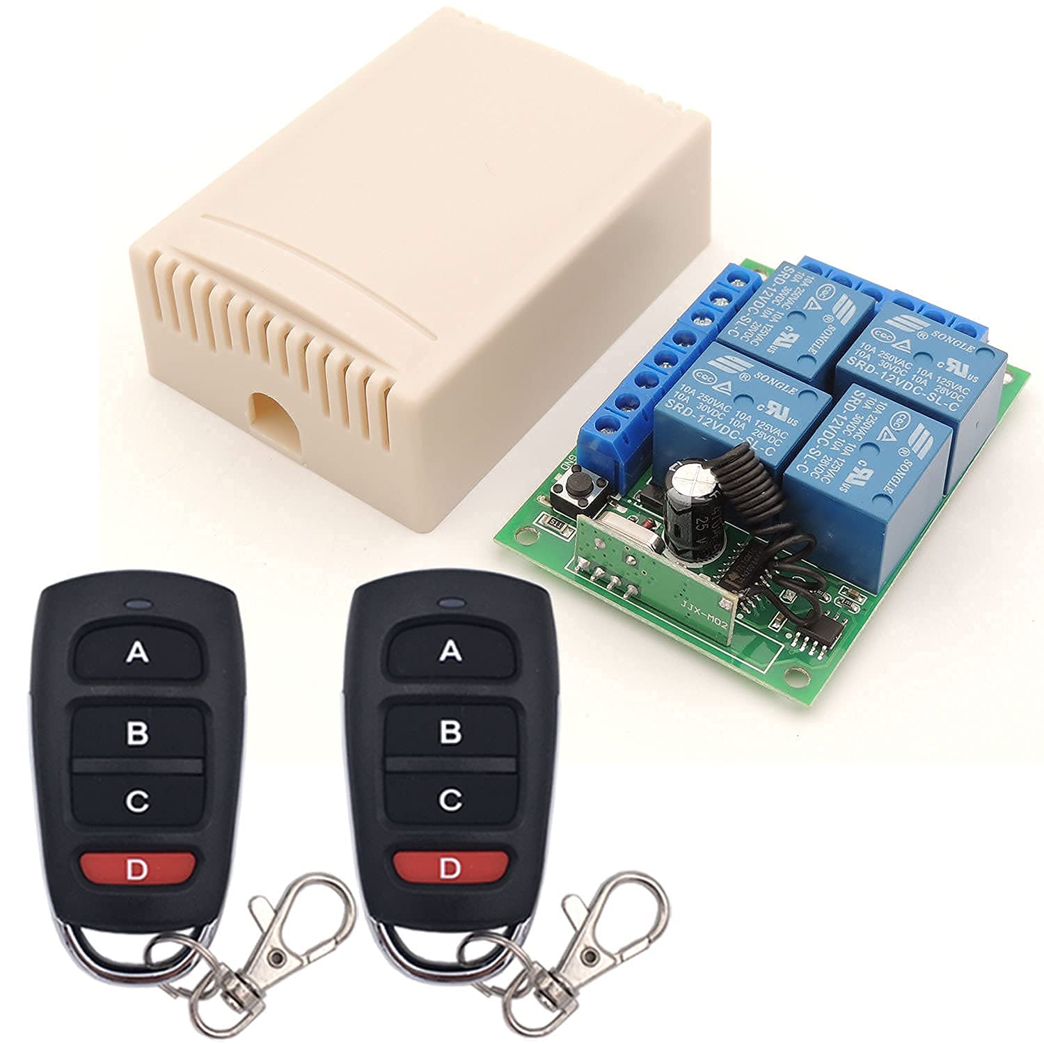 DieseRC DC 12V Remote Control Switch 4CH 433Mhz RF Wireless Relay Receiver Module with 2 Transmitter Key Fobs for Truck Trunk Motor Garage Door Electrical Lock, 3 Operation Mode