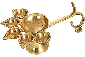 SAI MART Brass 6" Panchmukhi Deepak Aarti Oil Lamp Hindu Puja Five Face Jyoti Diya with Handle Accessory for Pooja Positivity, Good Success,Health,Wealth,Worship Temple/Mandir Decorative Festival Diwali Gift