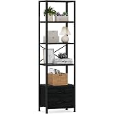 Furnulem 5-Tier Tall Corner Shelf, Narrow Bookshelf with Drawers | 65.16" H Black Bookcase,Fabric Bins and Metal Frame,Wood Display Shelf for Bedroom,Living Room,Home Office. Easy to Assemble