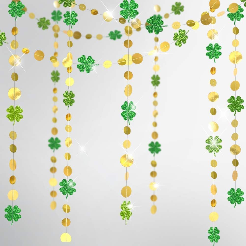 Glitter Gold Green Shamrock Clover Garland for St Patrick’s Day Decoration Irish Hanging Lucky Clover Streamer Banner Decor for Birthday Wedding Baby Shower