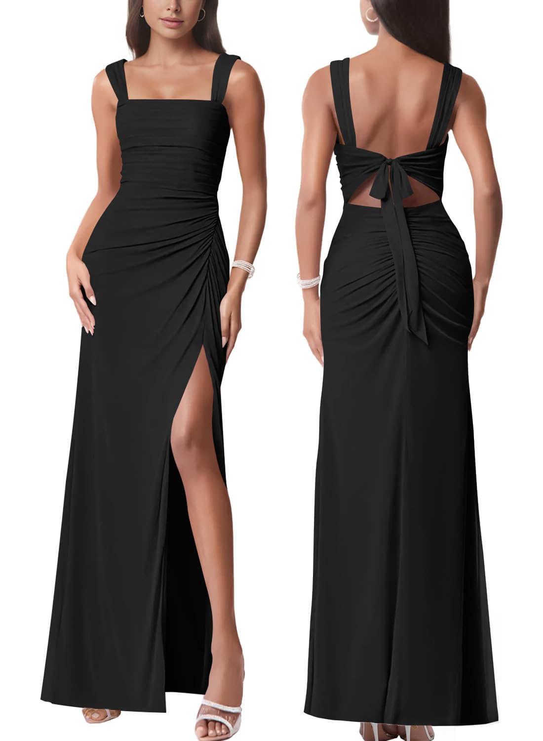 Photo 1 of firfig Womens Elegant Split Long Dress Mesh Sleevelesss Self Tie Open Back Club Cocktail Party Maxi Dresses, Black Large