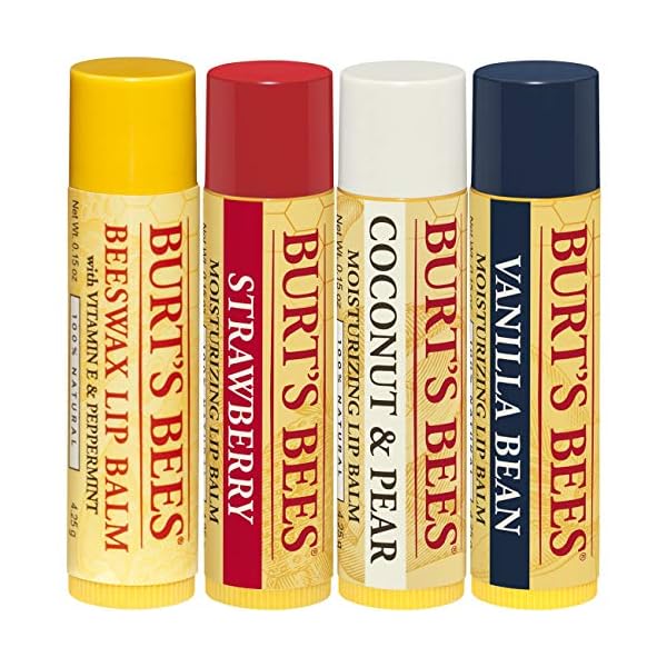Burts-Bees-Balms-100-Percent-Natural-Gift-Set-Pack-of-4 Burt's Bees Lip Balm Multipack, Lip Balm Set, Beeswax, Strawberry, Coconut & Pear, Vanilla Bean, Best of Burt's, 4x4.25g