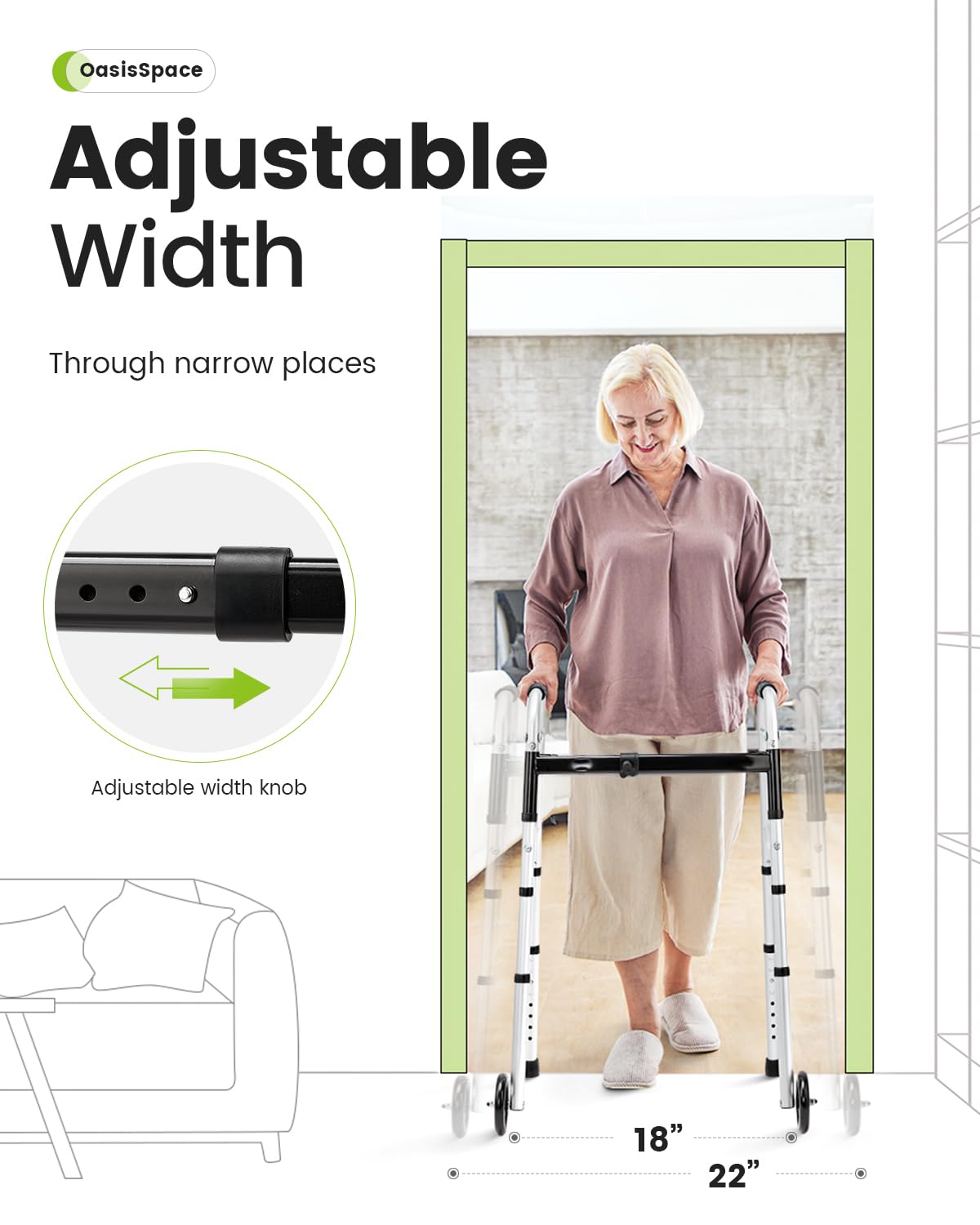 OasisSpace Compact Folding Walkers, Lightweight Walkers for Seniors Adults Elderly, Rolling Front Wheels Walker, Standard Walking Assist Narrow Walker for Small Spaces Up to 300lbs