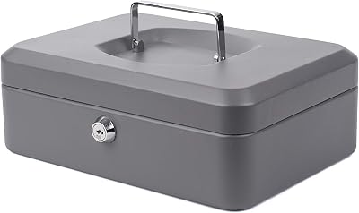Pavo Premium 10-Inch Metal Cash Box with 2 Keys and Removable Tray Dark Grey
