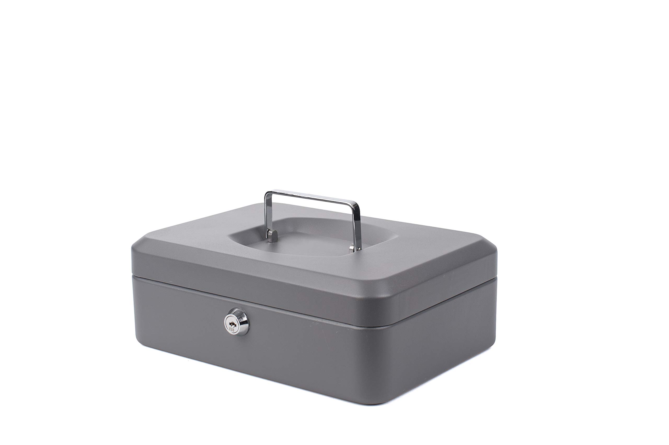 Pavo - Premium 10-Inch Metal Cash Box 25 x 18 x 9 cm with 2 Keys and Removable Change Tray - Dark Grey