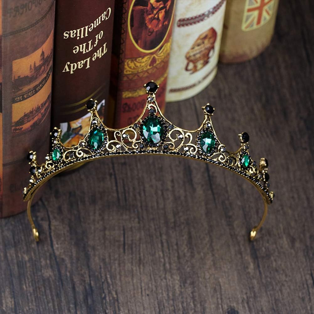 Lurrose Green Crystal Crown Golden Tiara with Black Rhinestone Decor Baroque Bridal Jewelry, Golden,Green,Black - Image 3