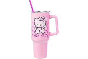 Silver Buffalo Sanrio Hello Kitty Waving Stainless Steel Tumbler with Handle and Straw, Fits in Standard Cup Holder, 40 Ounces