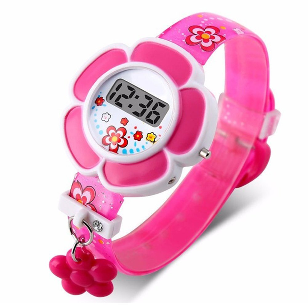 Lovely Flower Kids Watches, Waterproof Cute Children Watches, Cartoon Silicone Digital Wristwatch for Boys Girls(Rose Red)