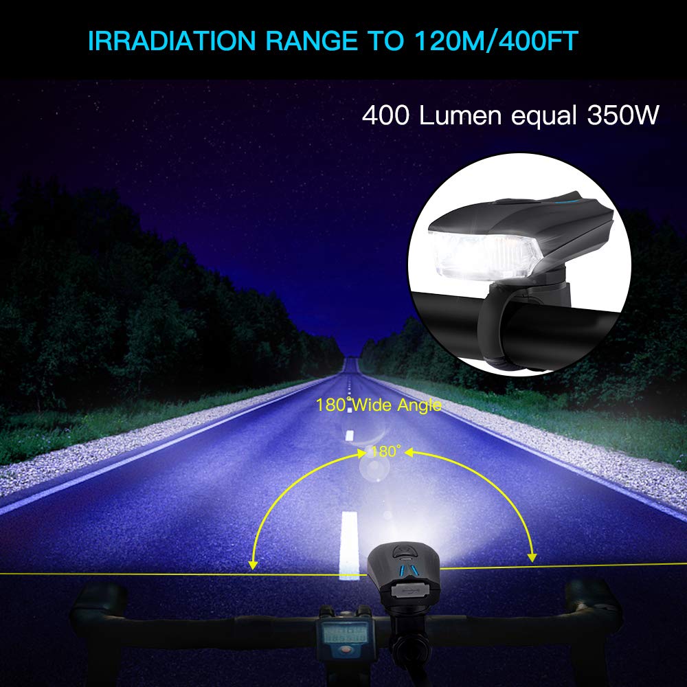Bike Light Set, USB Rechargeable Cycle Lights, Waterproof Mountain Bicycle Lights, Easy Mount & Quick Release, Super Bright High Safety Front Light & Rear Light (5 Modes, 400 Lumen, 2 USB Cables)