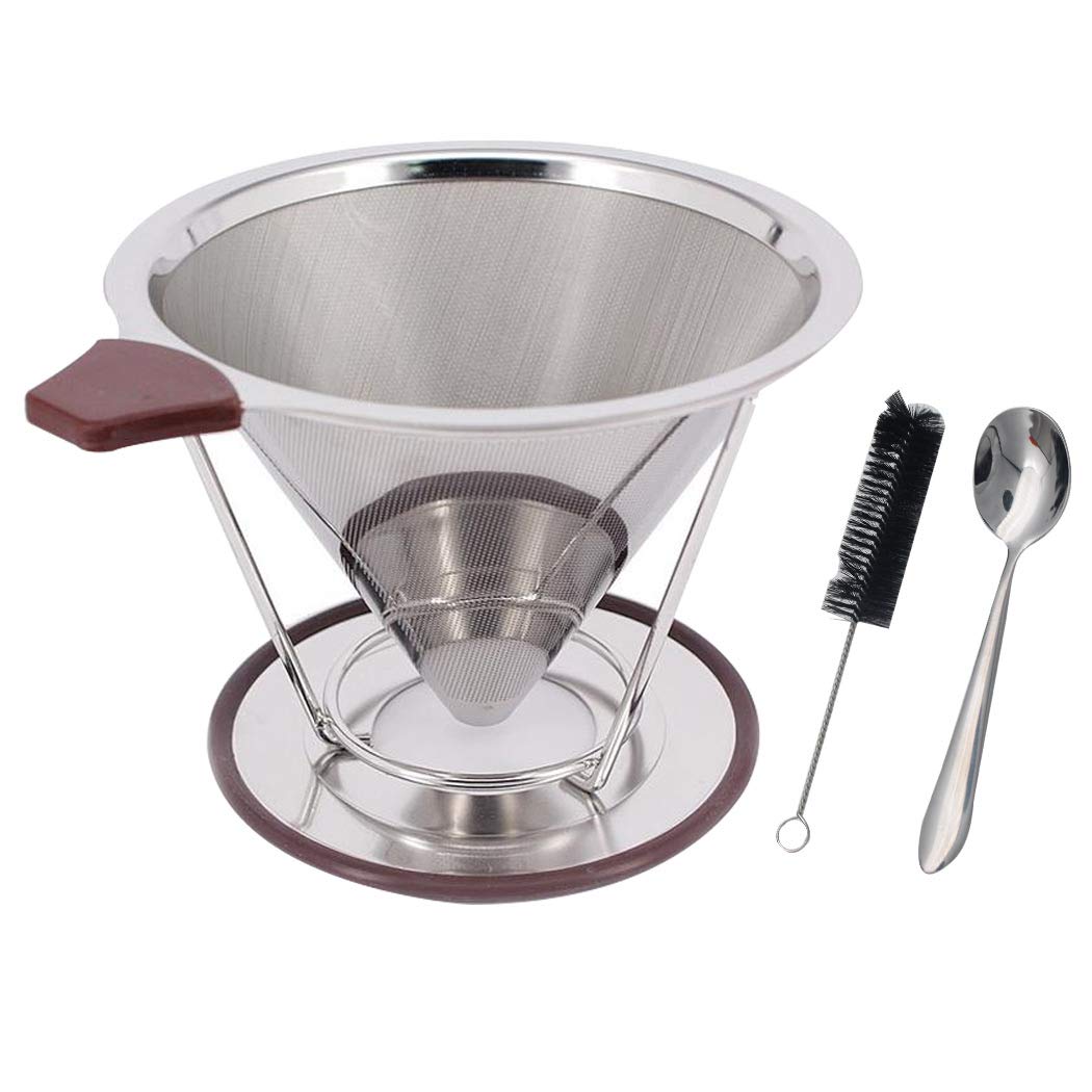 SIPLIV Stainless Steel Coffee Filter Reusable Pour Over Coffee Filter Cone Coffee Dripper with Removable Cup Stand and Cleaning Brush + Spoon, Meshcombed