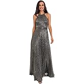 Betsy & Adam Womens Betsy & Adam Women's Halter Neck Gown with Metallic Pleated Fabric and a Flowing A-line Silhouette.