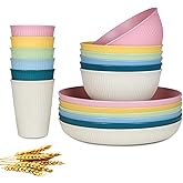 18pcs Wheat Straw Dinnerware Sets, Unbreakable dish Set Reusable Plates, Bowls, and Cups Set dishes Dishwasher Microwave Safe for Kitchen Outdoor Travel Camping (Light Macron)
