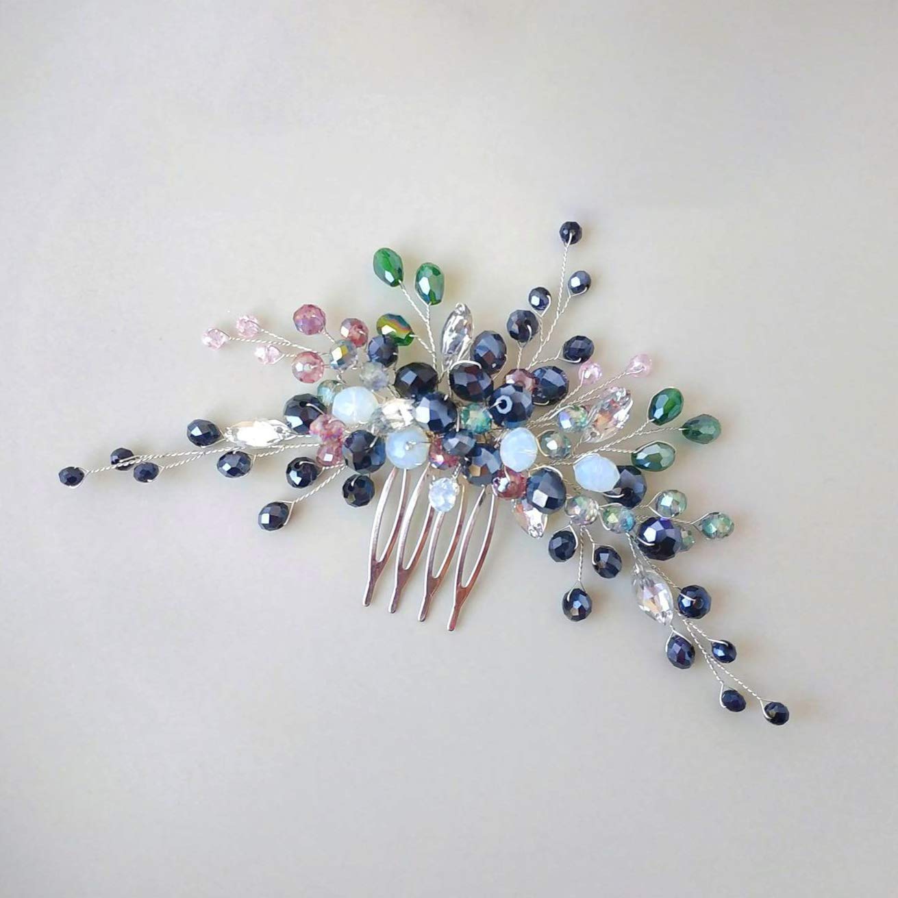 Chargances Blue and Green Crystal Beads Hair Comb for Women and Girls Wedding Bridal Silver Hair Piece Boho Hair Accessories for Prom Special Occasion
