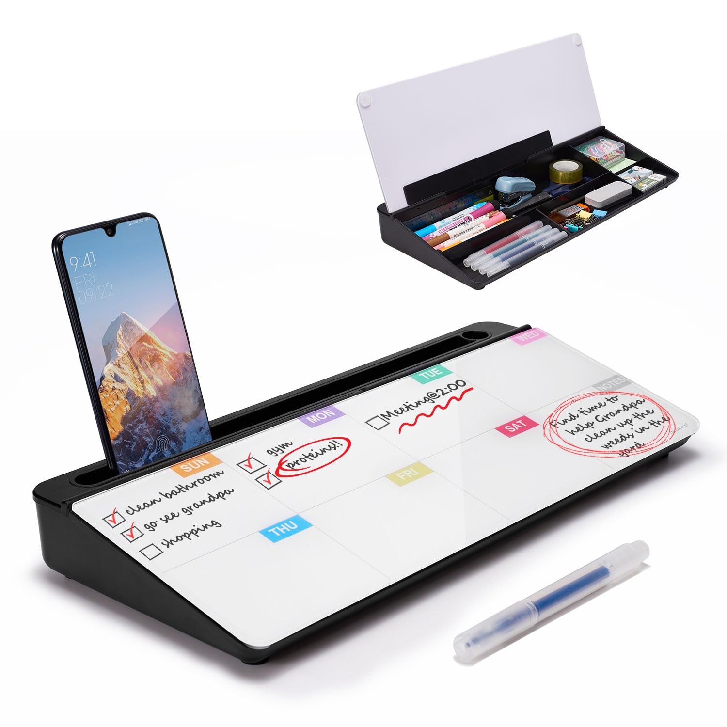 Photo 1 of TSJ OFFICE Whiteboard Weekly Dry-Erase-Board - Desktop White Board Calendar Desk Organizers with Accessories Computer Keyboard Stand with Drawer, for Office, Home, School Supplies