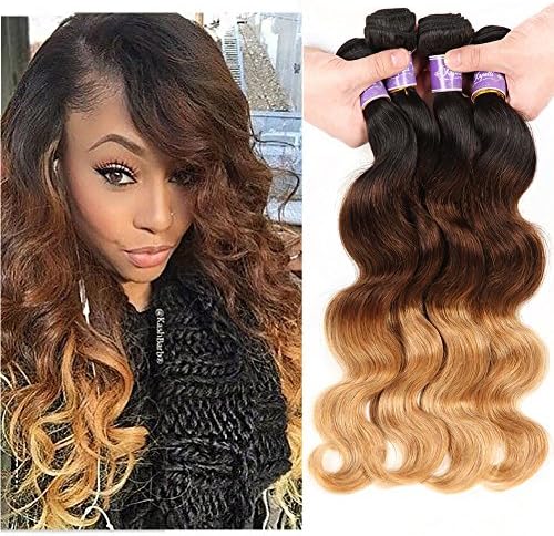 Ombre Hair Bundles Body Wave Ombre Human Hair Bundles 3 Tone,4 Bundles Body Wave Ombre Bundles (T1B/4/27,20 22 24 26)
