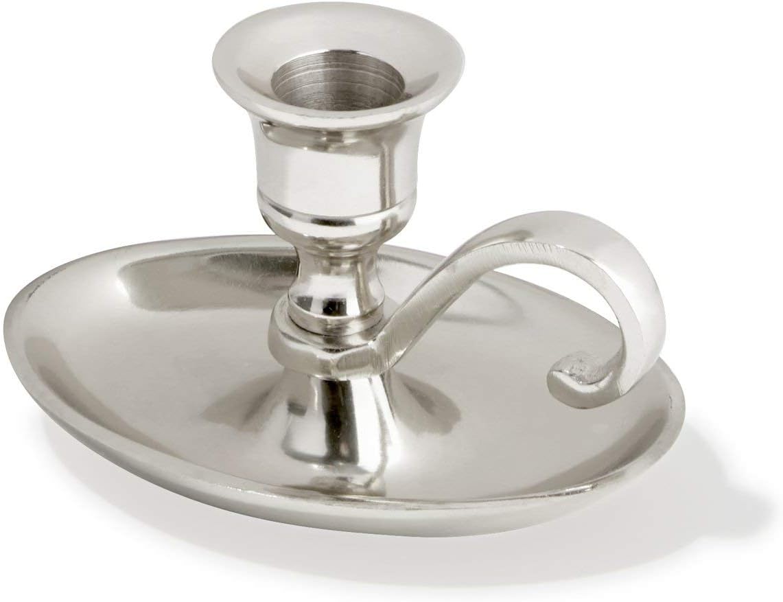 Silver Candle Stick Holder - Colonial Chamberstick Shape with Handle, Nickel Plated Metal, Fits Standard Tapered Candlestick, for Old Fashioned Home Decor, Window and Mantle Display: Kitchen & Dining
