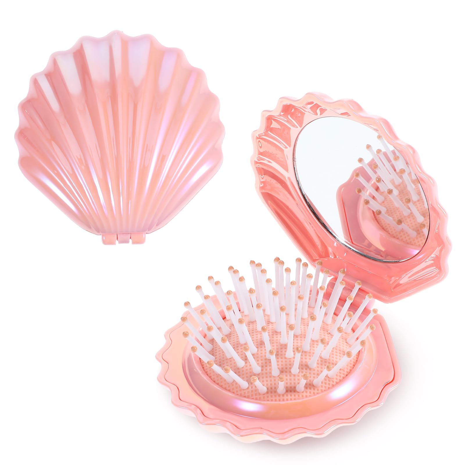 Foldable Travel Hair Brushes with Mirror Shell Shape Portable Folding Pocket Hair Brush Cute Mini Hair Comb Compact Size Hair Massage Comb Small Makeup Mirror Set Gifts for Girls Women