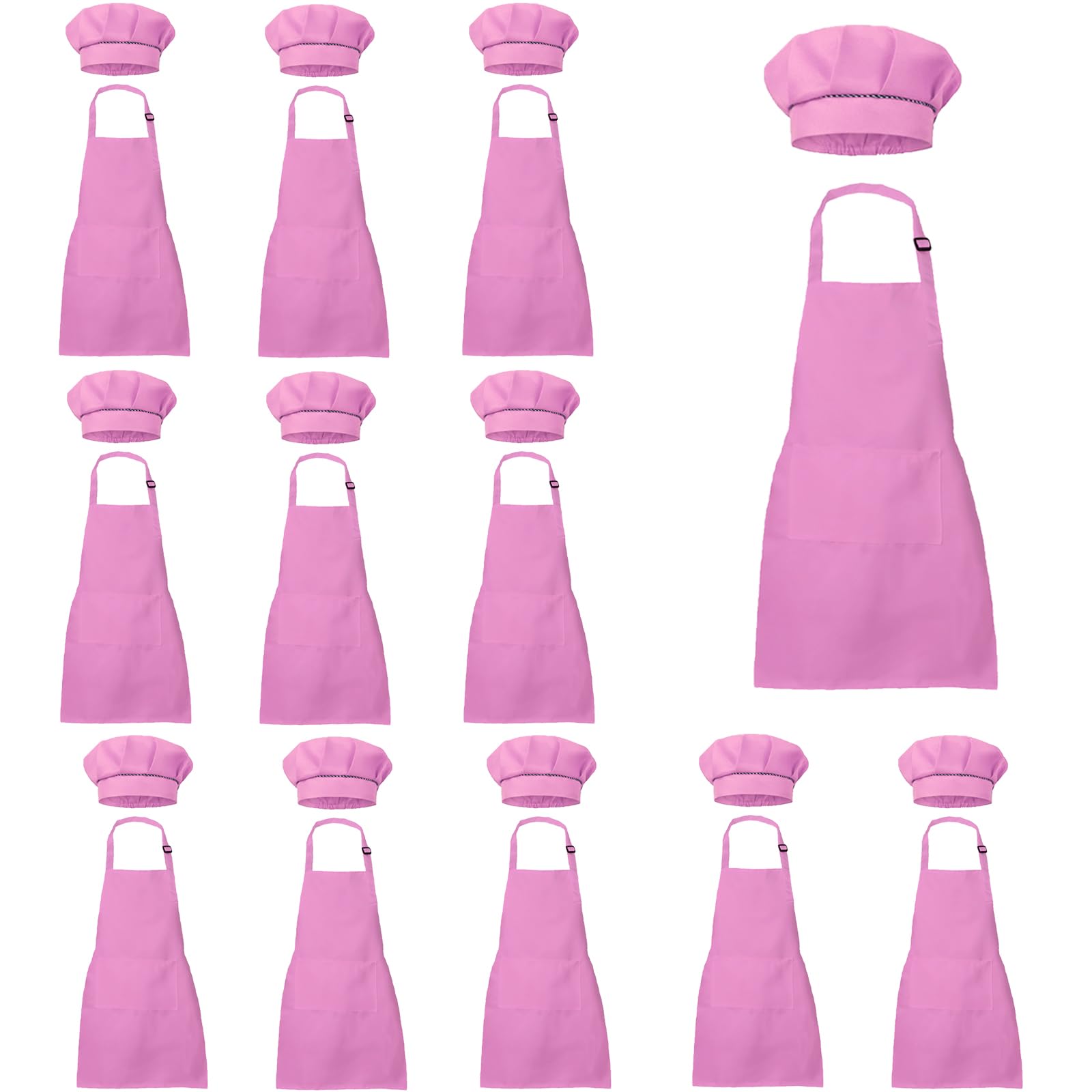 XIEJINJIA 12 Set Kids Apron and Chef Hat Child Waterproof Aprons Adjustable with 2 Pockets for Boys Girls Cooking Classroom Baking Painting Pink