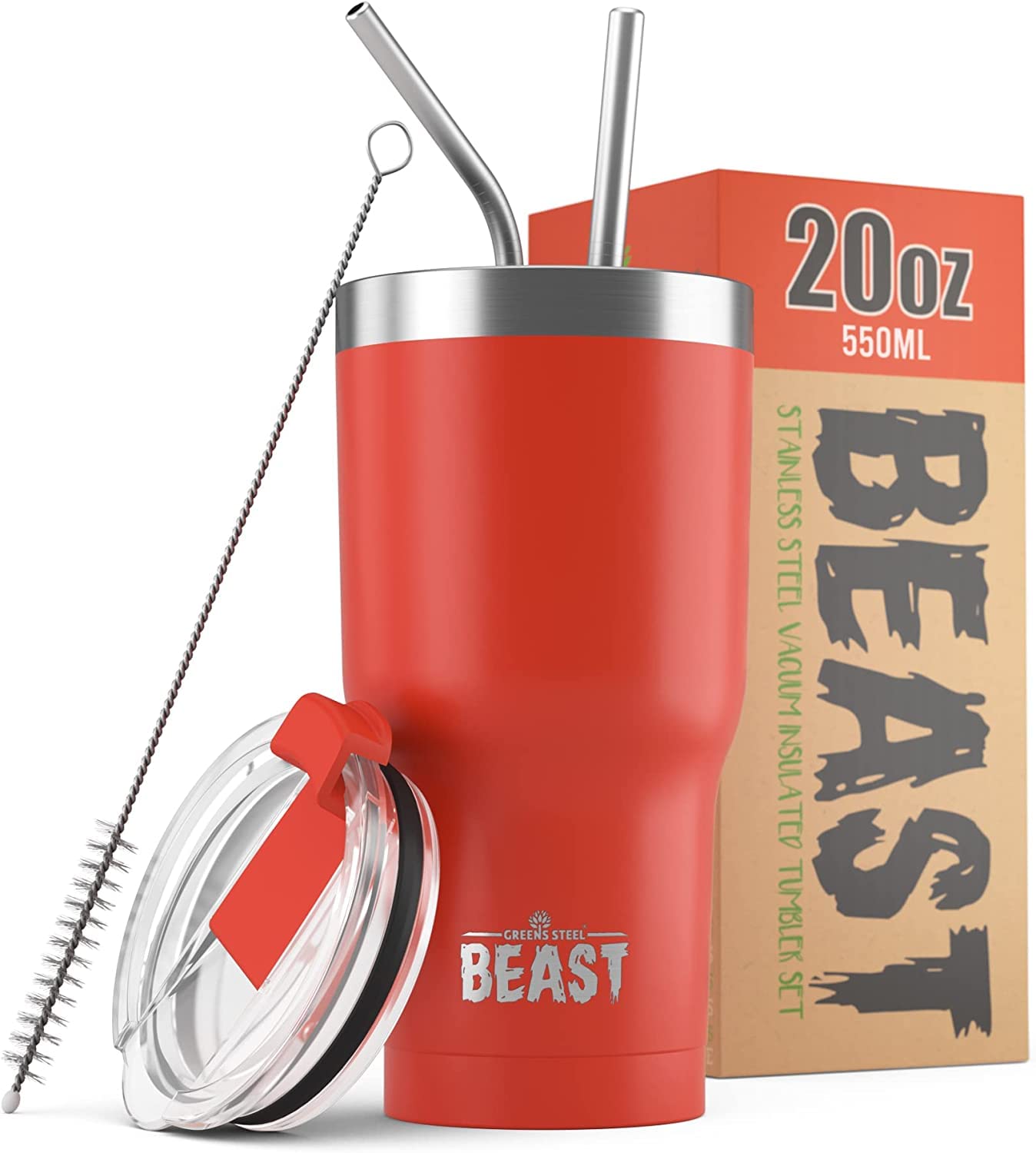 Beast Tumbler - 550 ml (20 oz), Red | Reusable Stainless Steel, Vacuum Insulated Cup | with + 2 Straws & Cleaning Brush | Double Wall Travel Flask Perfect for Hot or Iced Coffee | BPA Free — image 1