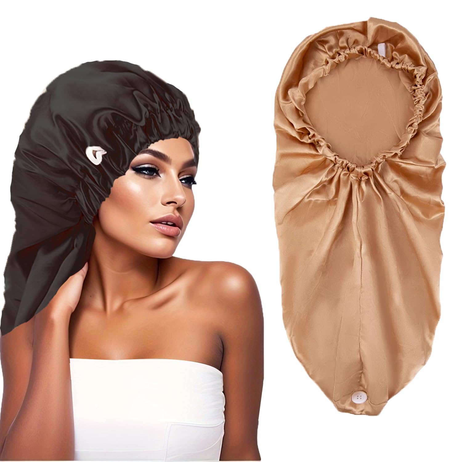 LadayPoa Women 2 Pack Long Satin Hair Bonnet Girls Silky Cap for Sleeping Large Satin Sleep Cap for Long Curly Hair Protection