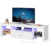 HOOBRO LED TV Stand with Power Outlets to 65 inch TV, Gaming Entertainment Center with Glass Shelves and Large Drawer, Modern Media TV Console Table for Living Room Bedroom, White WT14UDDS01